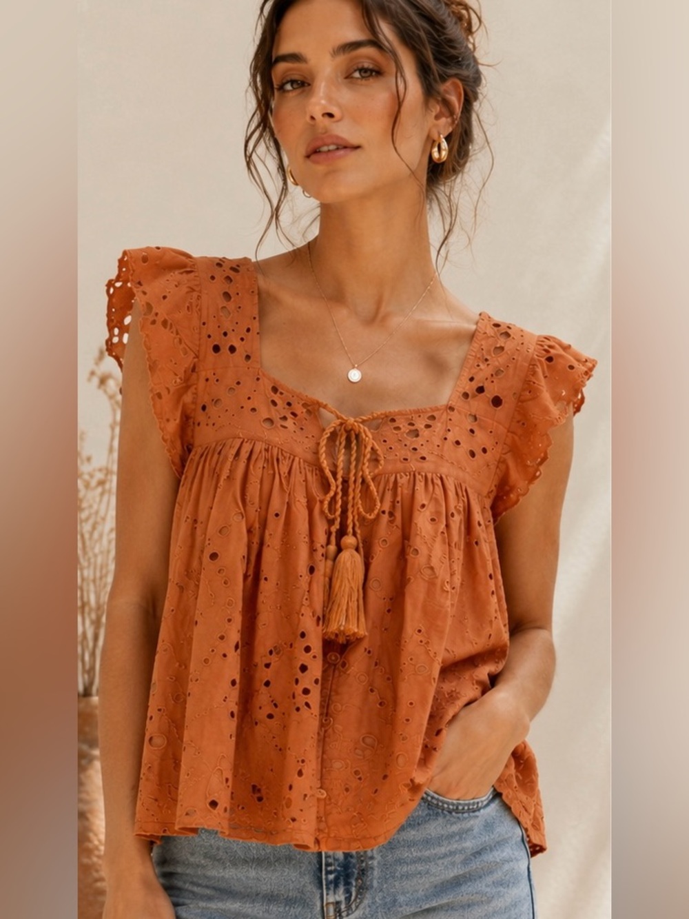 Anthropologie Bishop + Young Nadia Amber Eyelet Flutter Sleeve Top Size S NWT